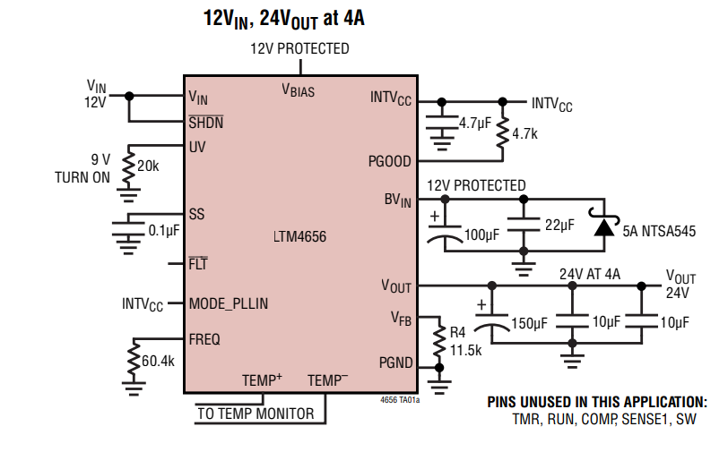 Applikations-Schaltungsdiagramm - Analog Devices Inc. LTM4656/LTM4656-1 Synchrone μModule®-Aufwärtsregler